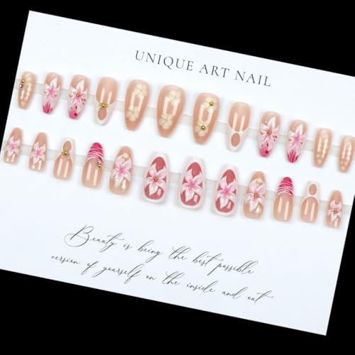 Medium Almond French Tip Press on Nails with 5D Flower Design - 24 Pcs