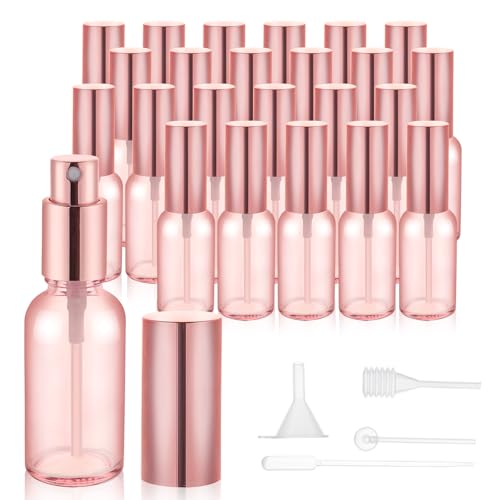 24 pack 1oz Pink Glass Spray Bottles Refillable Empty Perfume Pump Sprayer Mini Pink Fine Mist Atomizer with Rose Gold Lid for Body Essential Oils