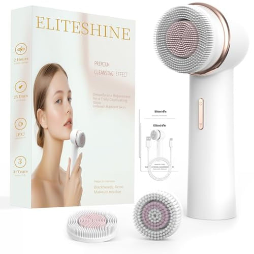 1 White Electric Facial Cleansing Brush Plus with 2 Original Replacement Heads Bundle