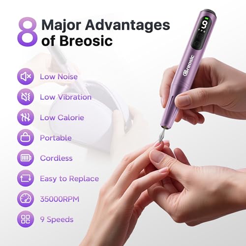 Breosic Pinkish Purple Electric Nail Drill Kit with 12 Bits for Gel & Acrylic Nails