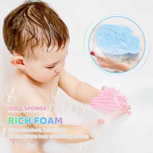 Baby Bath Sponge, Natural Cute Shapes Soft Shower Sponges for Bathing, Bathtub Foam for Infants and Toddler, 3pcs : Blue Whale, Pink Ship, Green Dinosaur
