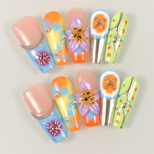 Handmade Nails 10Pcs Manual Hand-Painted Press on Nails with Hand Carved Flowers and Charms Long Coffin for Women DIY Manicure Decorations, Size M