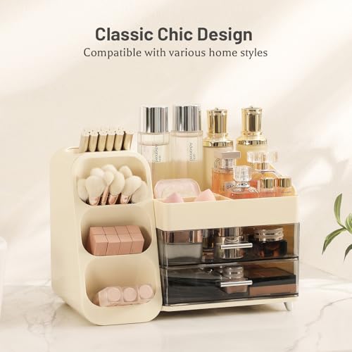 Aveniee Cream White Makeup Organizer with Drawers & Compartments, Vanity Storage for Cosmetics & Skincare