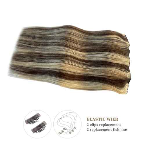 Invisible Halos Human Hair Extensions Ombre Fishing Line Hair Extensions with Adjustable Clips Light Brown to Blonde 613 Human Hair Extensions for Wedding Hairstyle 20in 100g