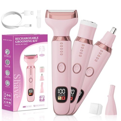 Electric Razors for Women, 4 in 1 Bikini Trimmer for Women, Wet & Dry Use Body Shaver, Nose Hair Face Eyebrow Arms Legs Armpit Underarm Pubic Area, Replaceable Lady Facial Razor Painless USB Charge