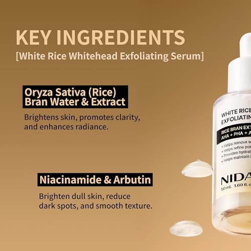 NIDA White Rice Whitehead Exfoliating Serum | 1.69 fl.oz., 50ml | Daily Soft Exfoliating Face Scrub Dead Skin Cells Remover for All Skin Types korean skin care