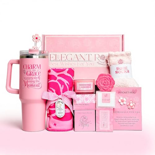 Deluxe Birthday Gift Set for Women, Pink Rose-Themed Gift basket with 40oz Tumbler, Bath Bomb, Soap & More - Perfect Get Well, Thank You & Spa Gifts for Her, Mom, Girlfriend, Wife, Sister