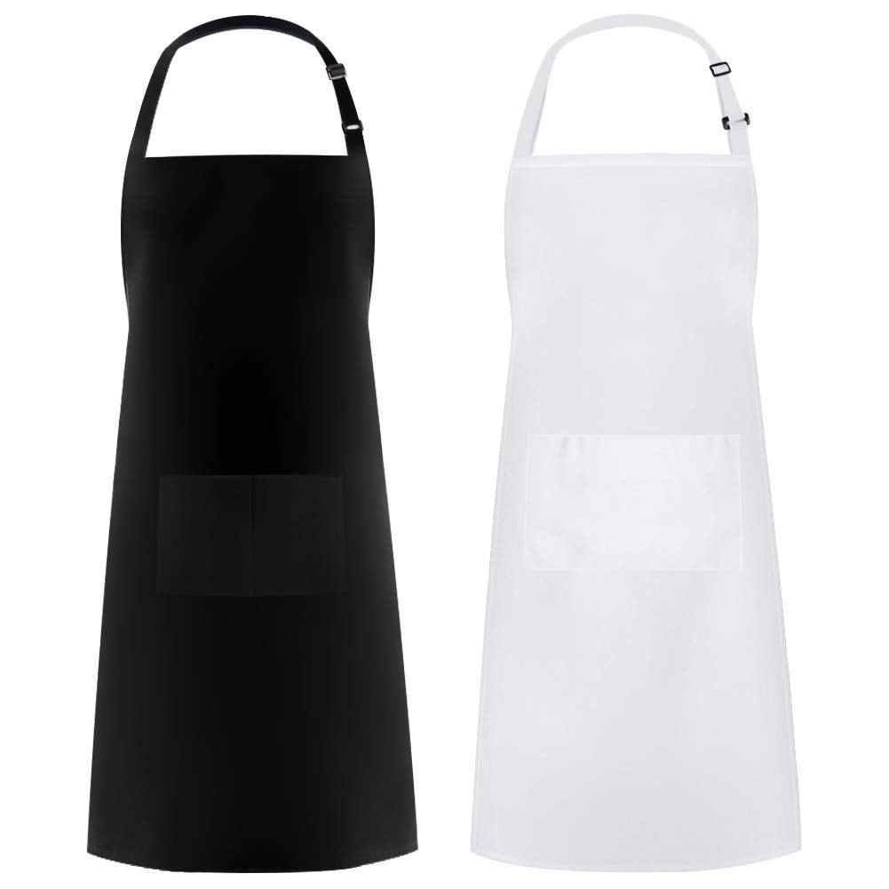 Syntus 2 Pack Adjustable Bib Apron Thicker Version Waterdrop Resistant with 2 Pockets Cooking Kitchen Aprons for Women Men Chef, White & Black