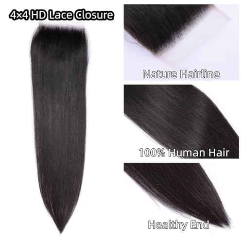 Savasana 4x4 HD Lace Closure Human Hair Straight Pre Plucked with Baby Hair 4x4 Closure for Black Women Skin Like Brazilian Virgin Natural Black 18 Inch