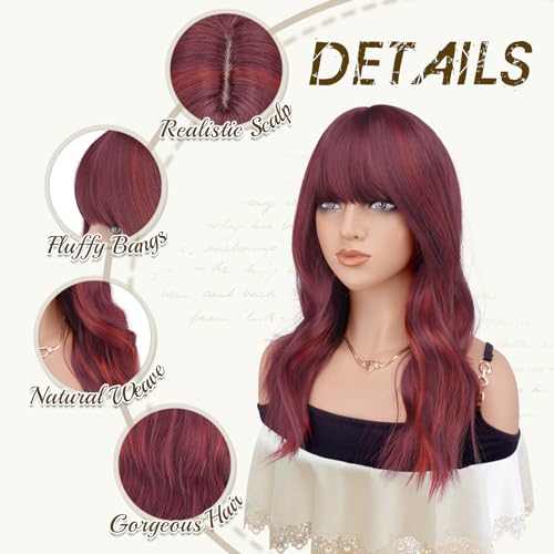Red Wavy Wig with Bangs - 19 Inch Heat Resistant Synthetic