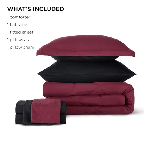 Bedsure Burgundy and Black Twin Comforter Set - 5 Pieces Reversible Twin Bed in a Bag, Twin Bed Set Burgundy and Black with Comforters, Sheets, Pillowcase & Sham