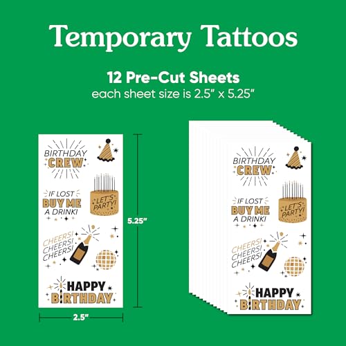 Happy Birthday Gold Temporary Tattoos - 12 Sheets