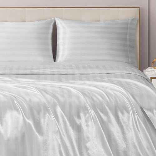 Juicy Couture Silky Satin Damask Sheet Set - Luxury White Bedding - Smooth Striped Sheets - Twin Size
