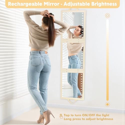 Fabuday Foldable Full Body Length Mirror with Light for Travel - Lighted Rechargeable Trifold Hanging Long Mirror, Folding Portable Tall Mirrors for Camping, RV, Dance, Dressing, Over The Door