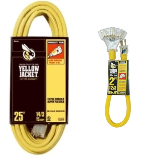 Yellow Jacket Medium Duty Extension Cord, 25Ft, 14 Gauge, 3 Conductor, Lighted End, Weather Resistant, SJTW, Yellow, 2886