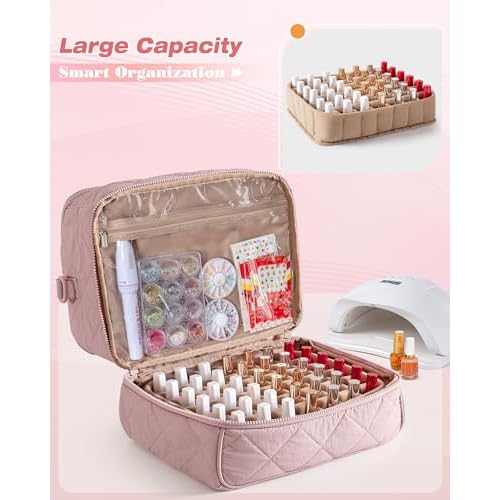 Quilted Nail Polish Organizer Bag Holds 42 Bottles and Nail Lamp, Nail Polish Storage Case with Crossbody Straps and Multiple Pockets, Pink