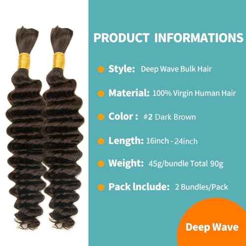 Human Braiding Hair 20 inch Deep Wave Bulk Human Hair for Braiding No Weft 100g (2Bundles-1Pack) 12A Brazilian Virgin Curly Human Hair For Boho Braids Wet and Wavy
