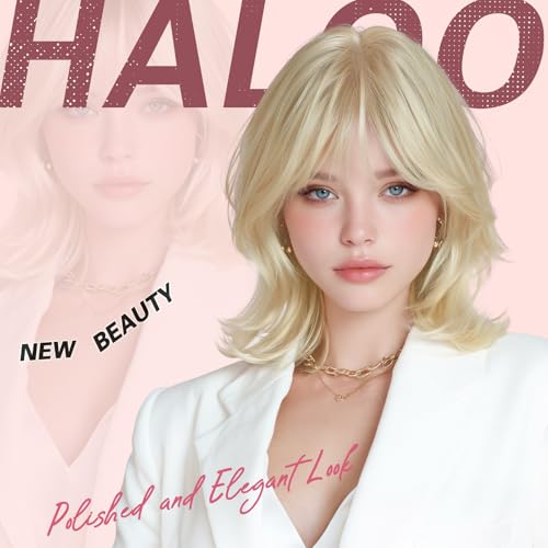 Haloo 14-Inch Blonde Bob Wig with Bangs - Wavy Synthetic Hair
