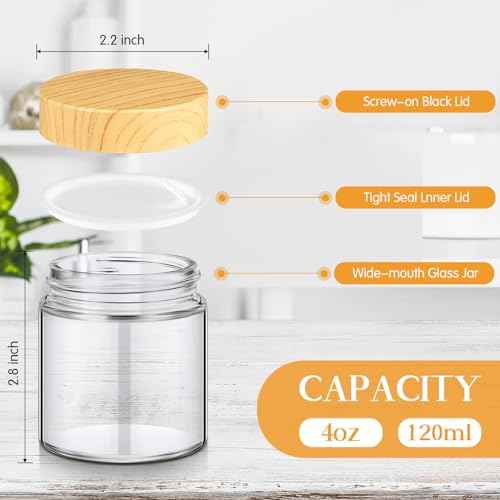 Norme 96 Pcs Glass Jars with Lids Empty Small Glass Containers and Inner Liners Reusable Cosmetic Jars Round Airtight Bottles with Plastic Woodgrain Lids for Travel (4oz)