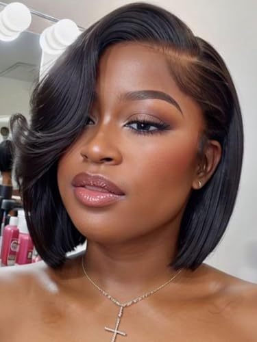 UNICE 10 inch Short Layered Bob Drawstring Wig Human Hair with Side Swept Bangs Bye Bye Knots 7x5 Lace closure Glueless Wigs Human Hair Pre Plucked Pre Cut Read to Wear