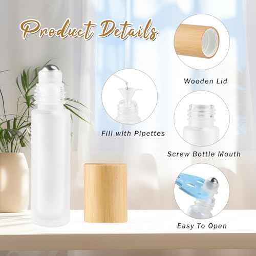 20 Pcs 10ml White Frosted Glass Essential Oil Roller Bottles with Bamboo Lid Refillable Deodorant Containers with Stainless Steel Roller Balls Roll-on Bottles for Perfume Lip Gloss