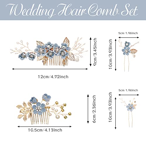 UHOMENY 4PCS Wedding Hair Pins, Bridal Pearl Hair Side Combs Set Floral Leaf Head Piece Hairdecor Accessories Rose Gold Rhinestone Handmade Bridesmaid Hair Clip Crystal Headpiece Set for Women Girls