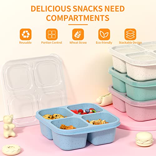 RGNEIN Bento Snack Boxes (4 Pack)- Reusable 4-Compartment Meal Prep Containers for Kids and Adults, Perfect Food Storage School, Compact Stackable (Wheat(Green/Blue/PK/Beige))