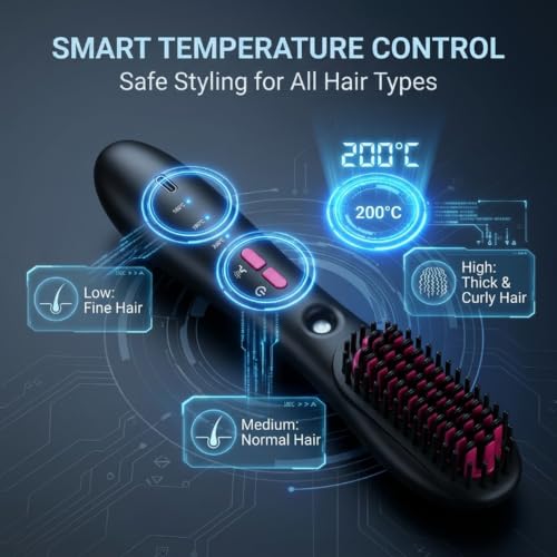 Cordless Hair Straightener Brush with Steam & 3 Temp Settings