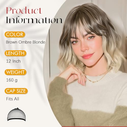 Sofeiyan 12 Inch Wavy Brown Ombre Blonde Bob Wig with Bangs