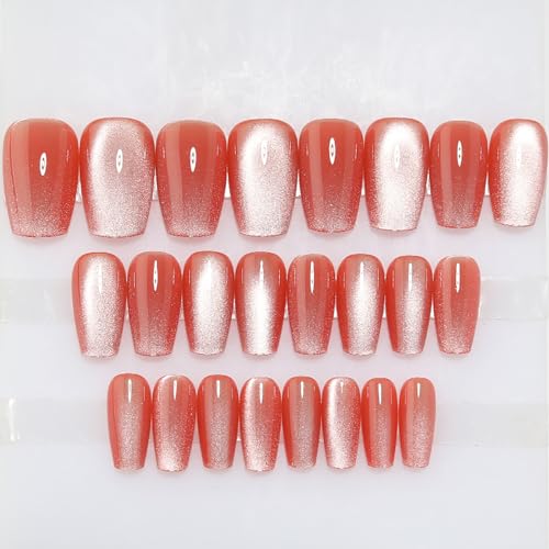 Cat Eye Press on Nails KKUUOO Handmade Fake Nails Medium Coffin False Nails with Gradient & Velvet Effect Designs Glitter Press on Nails Light Red Acrylic Nails Stick on Nails for Women Girls 24Pcs