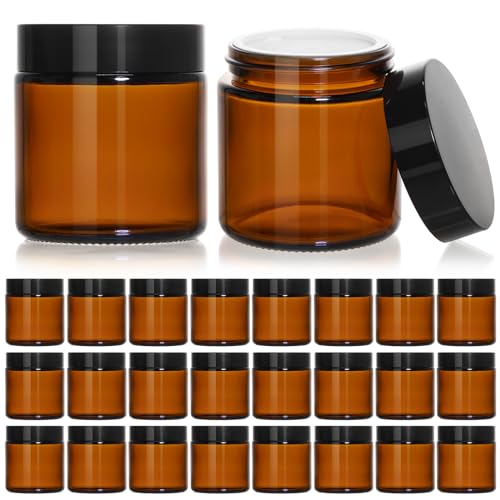 KEYWING 4oz Small Glass Jars with Black Lids, 24 Pack Amber Empty Cosmetic Containers Round Glass Jar with Inner Liners for Lotions, Powders and Ointments