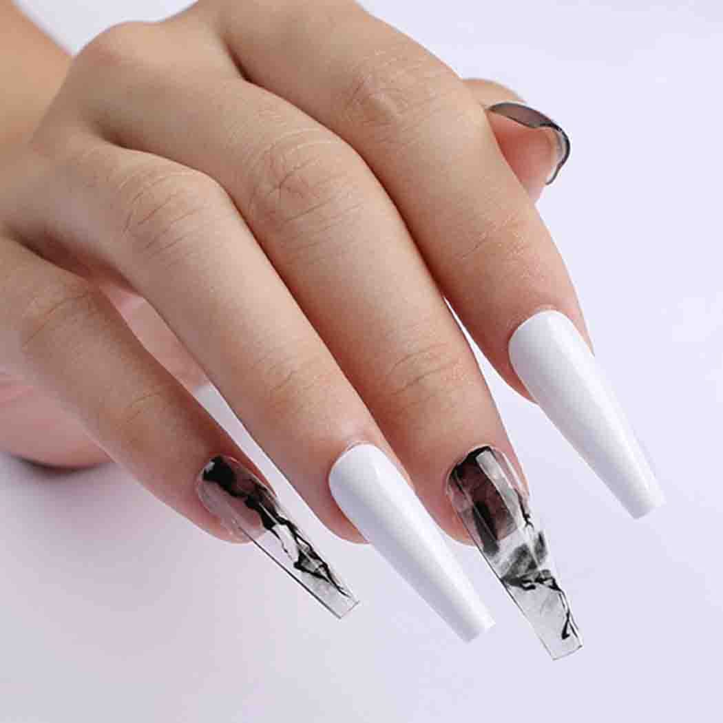 Outyua Glossy Smoke Pattern Fake Nails Coffin Extra Long Press on Nails with Design Ballerina Acrylic Super Long False Nails Designer Full Cover Artificial Nails for Women and Girls 24Pcs (White)