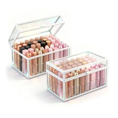40 Lipsticks Organizer with Lid, Glass Display Box Fits Large Perfume & Skincare, Easy-Access Organiser for Vanity Countertop, Multifunctional Display Box in Any Rooms