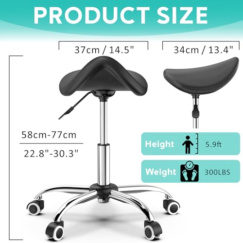 Professional Saddle Stool with Wheels Rolling Saddle Stool with Extra-Wide Base Heavy-Duty Stable Stool Adjustable Height Ergonomic Chair for Office, Workshop, Salon & Clinic