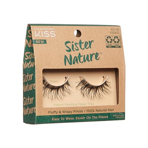 KISS Sister Nature False Eyelashes, 'Dawn', 12 mm, 100% Natural Hair, Recyclable Paper Box, Printed with Soy Ink, Cruelty Free, Vegan, Includes 1 Pair of Reusable Strip Lashes