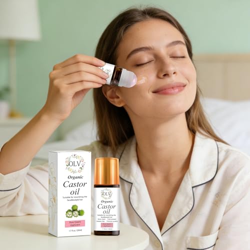 Organic Castor Oil with Rose Quartz Roller, 100% Pure Cold-Pressed Hexane-Free Unrefined, Reduces Fine Lines & Deeply Hydrates for Hair Growth, Eyelashes, Eyebrows & Firms Skin (50ML/1.7oz)