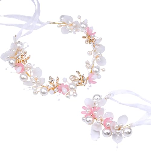 2 Pieces Wedding Flower Headpieces for Girls, Flower Girl Hair Accessories for Wedding Rhinestones Flower Headband Fairy Pearl Flower Crown for Girls Bridal Crystal Flower Tiara for Women