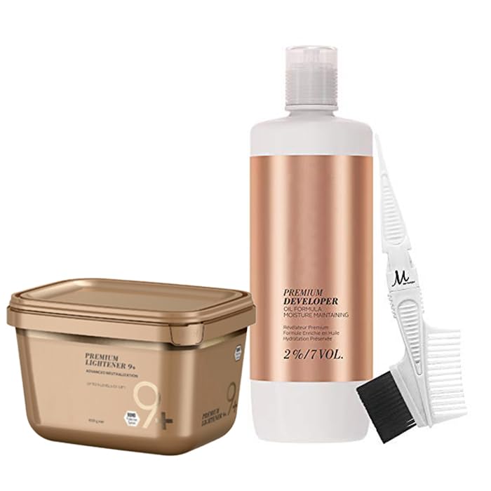 BlondeMe 2% / 7 Vol Developer 1 Liter, BlondeMe Lightener 9+ Bond Enforcing Premium Dust Free Bleach 450 grams, M Hair Designs Tint Brush/Comb (Bundle 3 items)