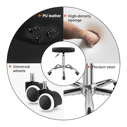 KKTONER Square Rolling Stool Swivel Height Adjustable Stool for Office Salon Home Coffee Shop Bar SPA Chair Black