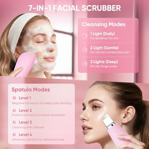 Silicone Face Scrubber Blackhead Scraper Rechargeable 2-in-1 Facial Cleansing Brush & Skin Spatula Duo, IPX7 Waterproof Exfoliating Massager Deep Cleansing for Women and Men£¨Light Pink£©