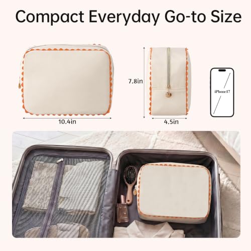 THOVSMOON Canvas Makeup Bag for Women Natural & Orange Rick Rack Trim