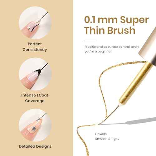 Beetles Gel Liner Nail Polish Set 10ml, 4 Pcs Nail Art Liner Gold Glitter Silver Black White Gel Polish Kit, 3D Mirror Gel Painted Glossy Swirl French Chrome Effect Nail Design Gift for Women