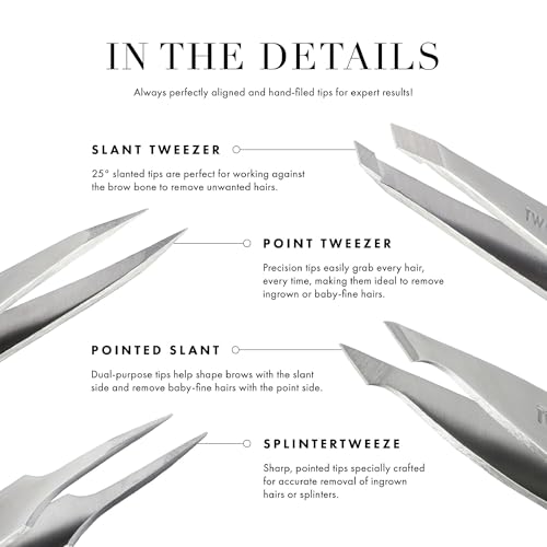 Tweezerman Petite Tweeze Set with Travel Case - Point and Slant Tweezers, Tweezers for Travel (Pink Case)