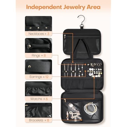 Travel Toiletry Bag with Separate Jewelry Organizer, Water-resistant Makeup Bag with Hanging Hook, Large Capacity Travel Organizer for Toiletries, Cosmetic, Vacation Essentials - Large
