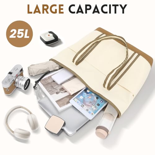 Large Canvas Tote Bag with Zipper & 3 Pockets