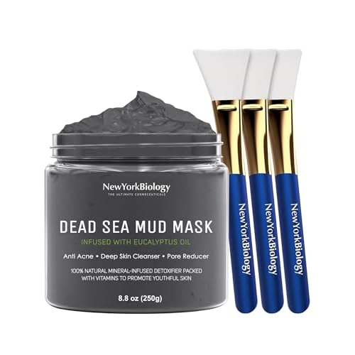 New York Biology Dead Sea Mud Mask for Face and Body Infused with Eucalyptus with 3 pcs Face Mask Brush Applicators - Spa Quality Pore Reducer for Acne, Blackheads and Oily Skin