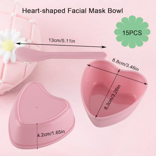 15 Pairs Pink Heart-shaped Plastic Facial Mask Mixing Bowls Set with Spatulas - DIY Skincare Mixing Tool Kit, Mud Masks, Home Salon, and Beauty Salon Use, Face Mask Applicator Tool(15Pcs)