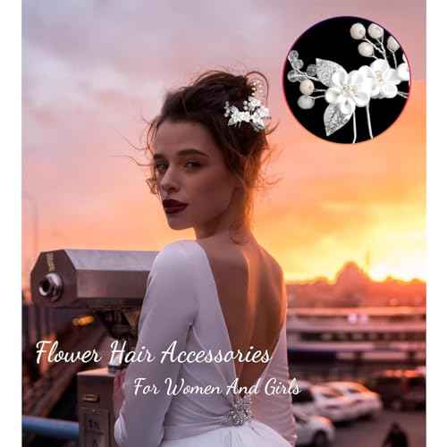 6 Pcs Flower Bridal Wedding Hair Pins Flower Rhinestone Pearl Hair Piece for Women Crystal Hair Accessories for Bride Bridesmaids Flower Girls(Silver)