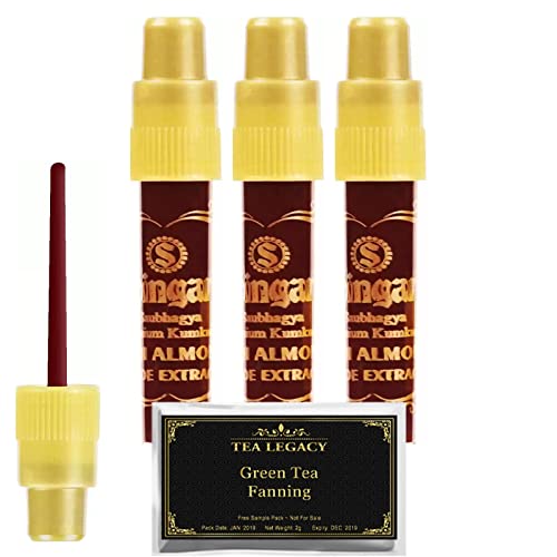 Yogic Mantra Shringar Bindi Liquid Deep Red Maroon Color Kumkum (3 Bottles Bundle with TeaLegacy Free Sample) Premium Kum Kum with Almond, Aloe Extracts For Bindi Dots, Tikka Bindis & Temporary Tattoo