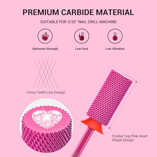 Large Barrel Tungsten Carbide Nail Drill Bit - Pink Heart Shape, Fine Grit, 3/32''